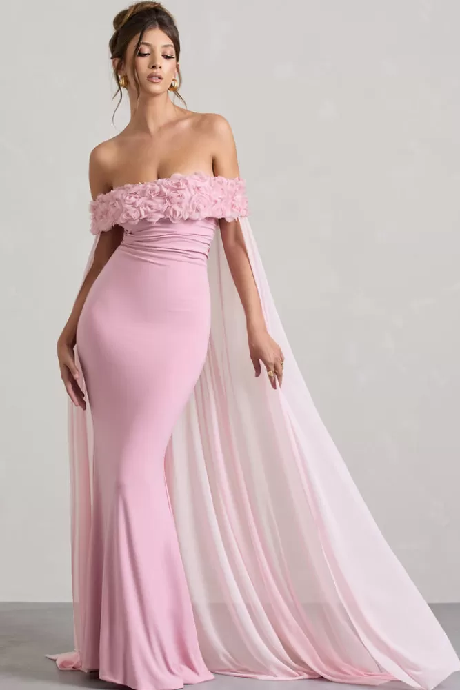 Club L London Avant Garde | Pink Floral Bardot Fishtail Maxi Dress With Mesh Cape BLUSH Shop