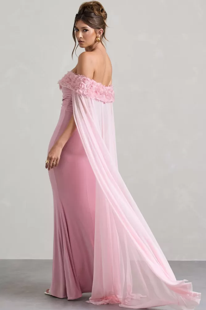 Club L London Avant Garde | Pink Floral Bardot Fishtail Maxi Dress With Mesh Cape BLUSH Shop