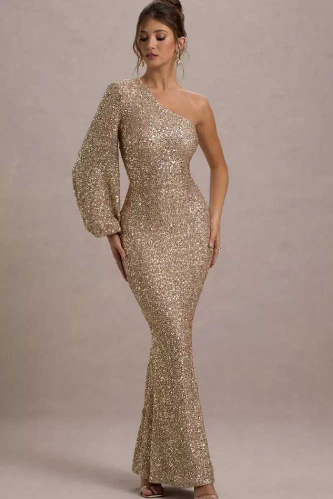 Club L London Aven | Sequin Asymmetric Puff-Sleeve Maxi Dress GOLD Sale