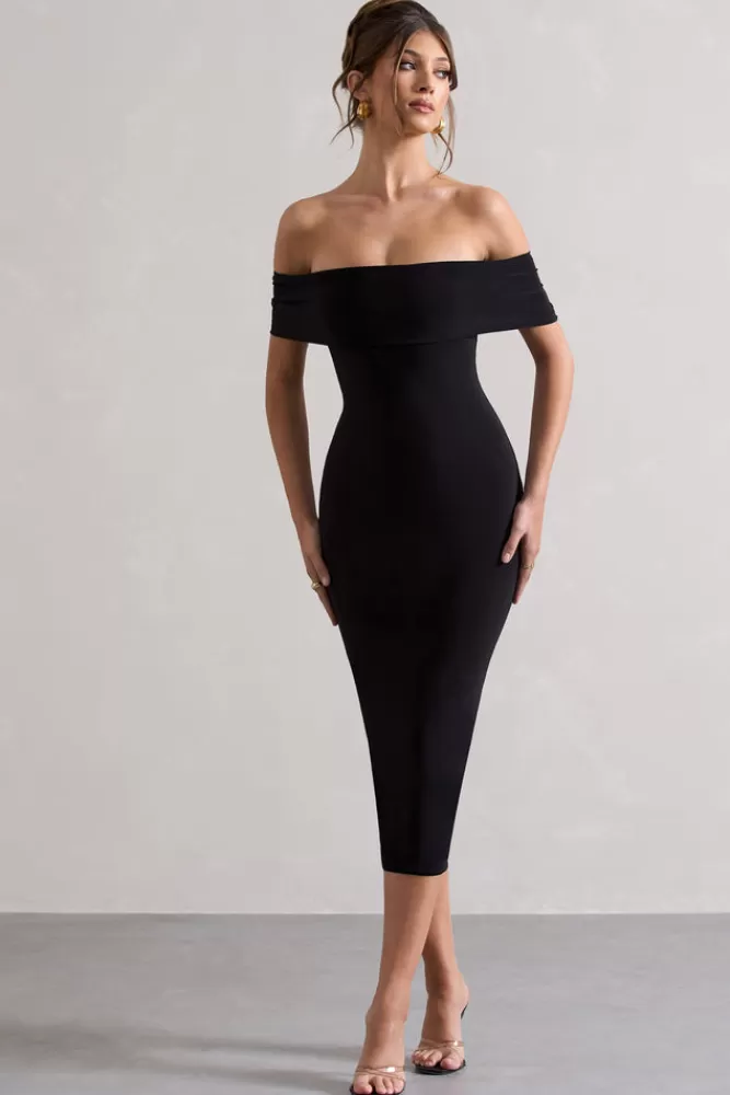 Club L London Averie | Bodycon Bardot Midi Dress BLACK Cheap