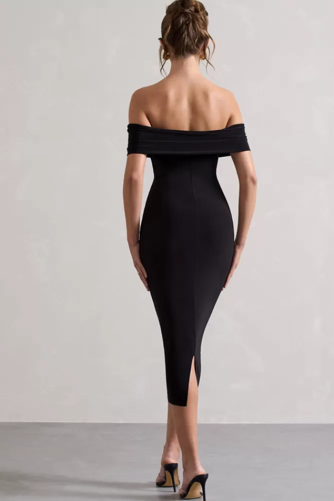 Club L London Averie | Bodycon Bardot Midi Dress BLACK Cheap