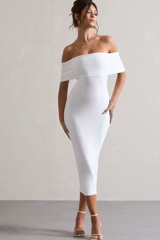 Club L London Averie | Bodycon Bardot Midi Dress WHITE New