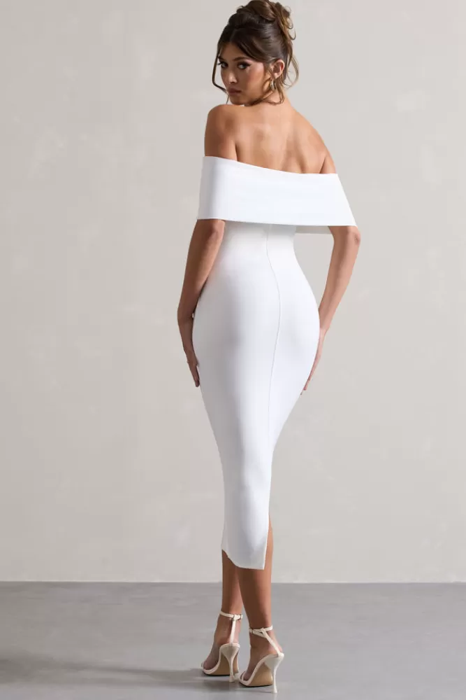 Club L London Averie | Bodycon Bardot Midi Dress WHITE New