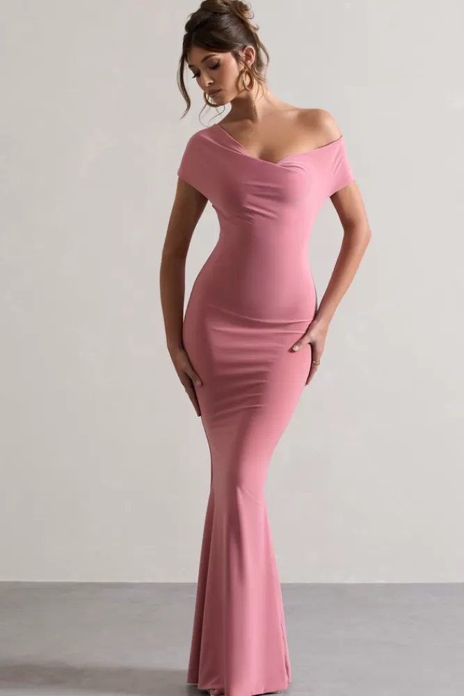 Club L London Avila | Blush Pink Asymmetric Bardot Maxi Dress BLUSHPINK Fashion