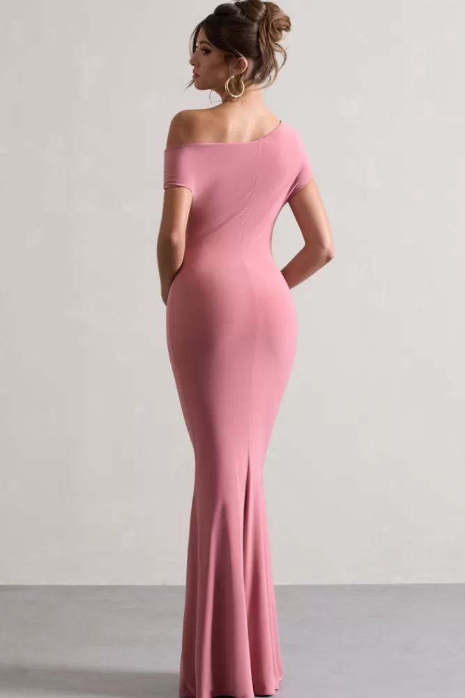 Club L London Avila | Blush Pink Asymmetric Bardot Maxi Dress BLUSHPINK Fashion