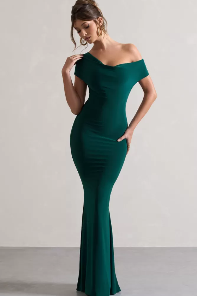 Club L London Avila | Bottle Green Asymmetric Bardot Maxi Dress BOTTLEGREEN Discount