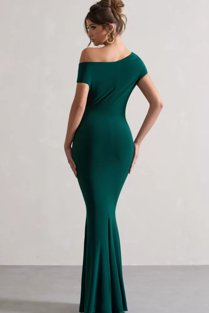 Club L London Avila | Bottle Green Asymmetric Bardot Maxi Dress BOTTLEGREEN Discount