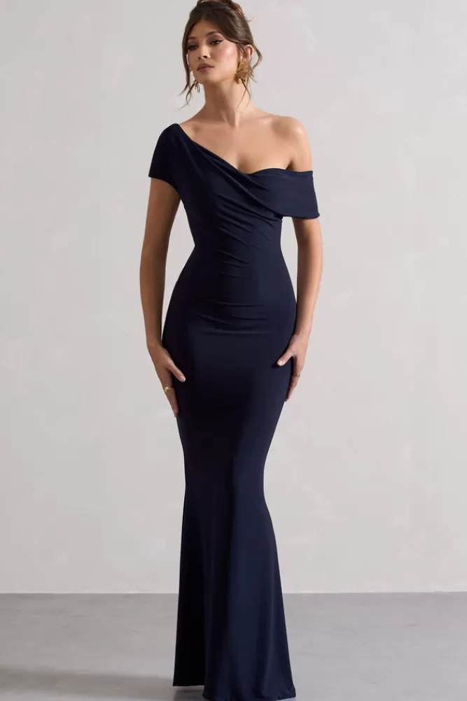 Club L London Avila | Asymmetric Bardot Maxi Dress NAVY Best Sale