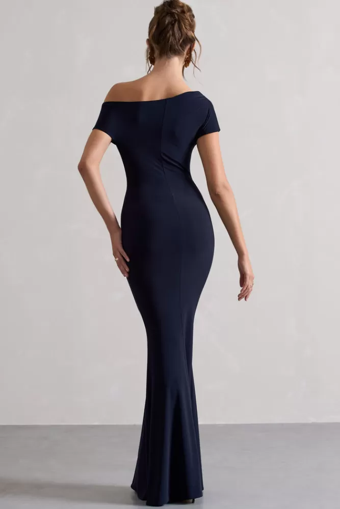 Club L London Avila | Asymmetric Bardot Maxi Dress NAVY Best Sale