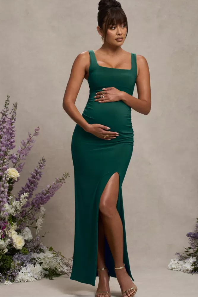 Club L London Avril | Bottle Green Square Neck Maternity Maxi Dress with Split BOTTLEGREEN Online