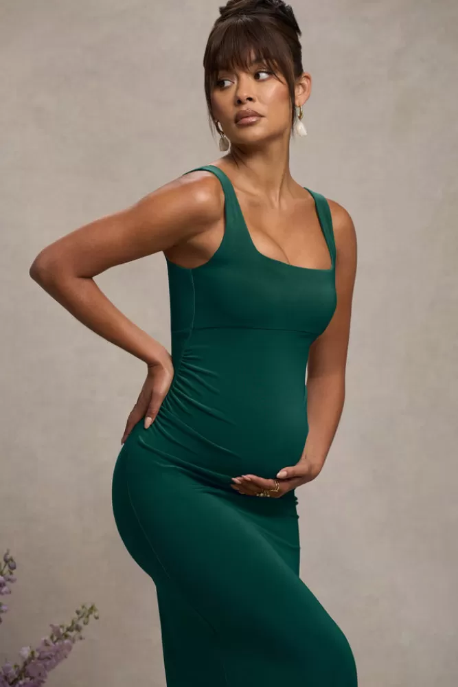 Club L London Avril | Bottle Green Square Neck Maternity Maxi Dress with Split BOTTLEGREEN Online