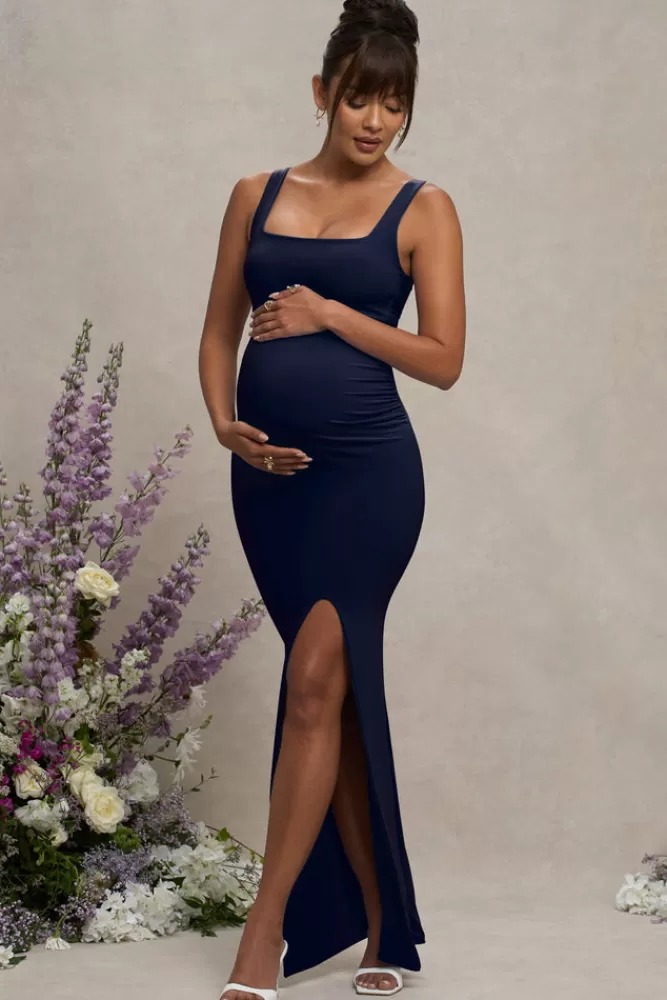 Club L London Avril | Square Neck Maternity Maxi Dress with Split NAVY Online