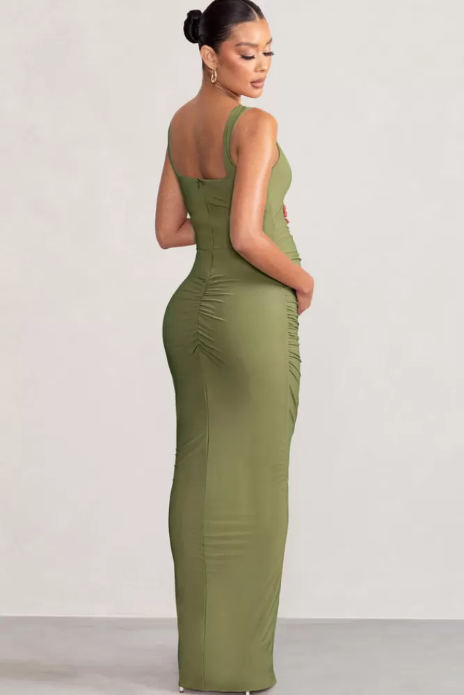 Club L London Avril | Square Neck Maternity Maxi Dress with Split OLIVE Cheap