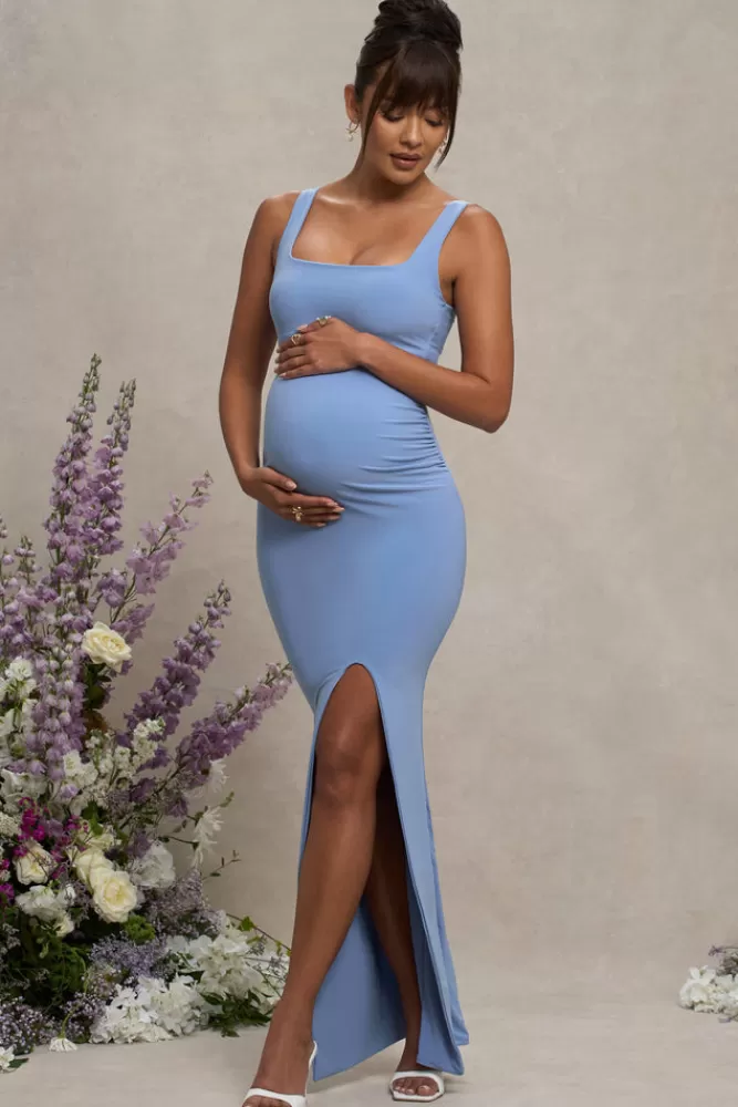 Club L London Avril | Powder Blue Square Neck Maternity Maxi Dress with Split POWDERBLUE Sale