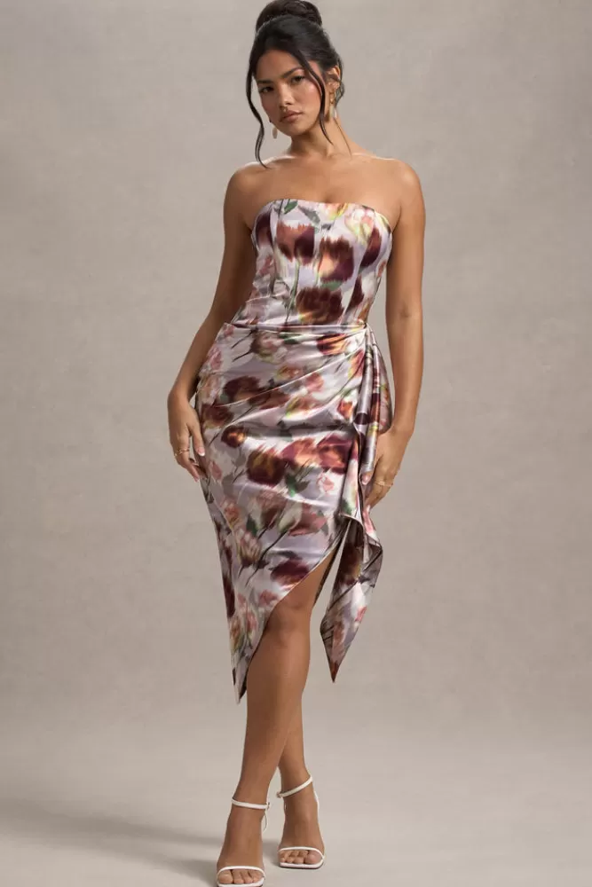Club L London Axel | Cream Floral Print Satin Strapless Wrap Midi Dress CREAMFLORAL Cheap