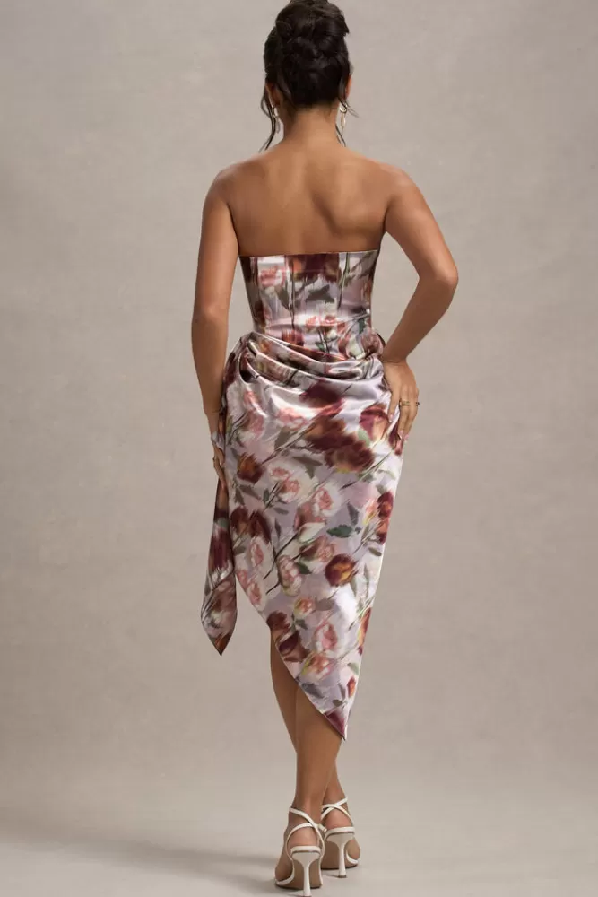 Club L London Axel | Cream Floral Print Satin Strapless Wrap Midi Dress CREAMFLORAL Cheap