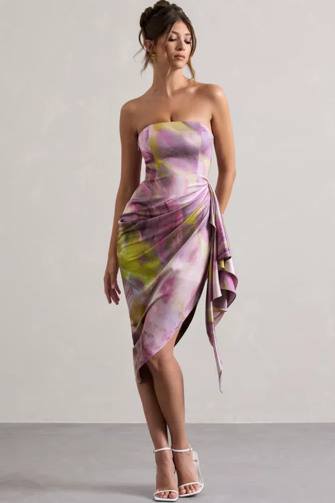 Club L London Axel | Lilac Print Satin Strapless Wrap Midi Dress LILACPRINT Hot