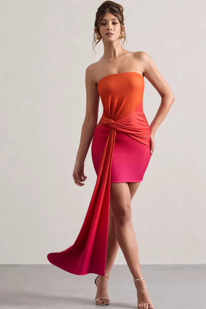 Club L London Azora | Pink u0026 Orange Ombre Bandeau Mini Dress With Twisted Sash PINKORANGEOMBRE Hot