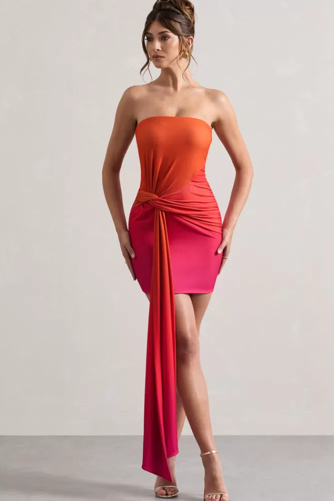 Club L London Azora | Pink u0026 Orange Ombre Bandeau Mini Dress With Twisted Sash PINKORANGEOMBRE Hot