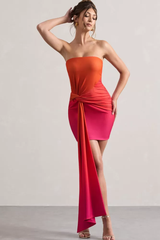 Club L London Azora | Pink u0026 Orange Ombre Bandeau Mini Dress With Twisted Sash PINKORANGEOMBRE Hot
