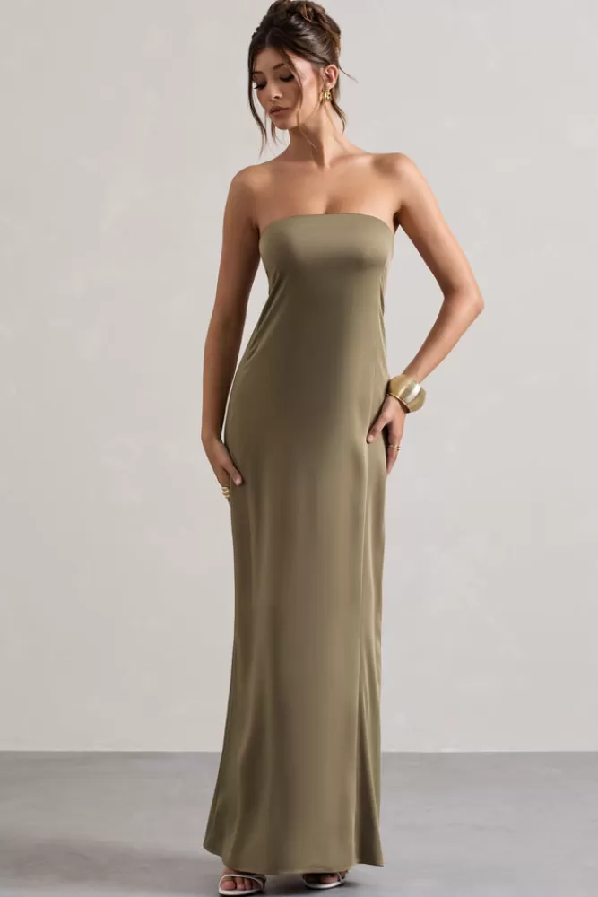 Club L London Azra | Satin Bandeau Maxi Dress OLIVE Flash Sale