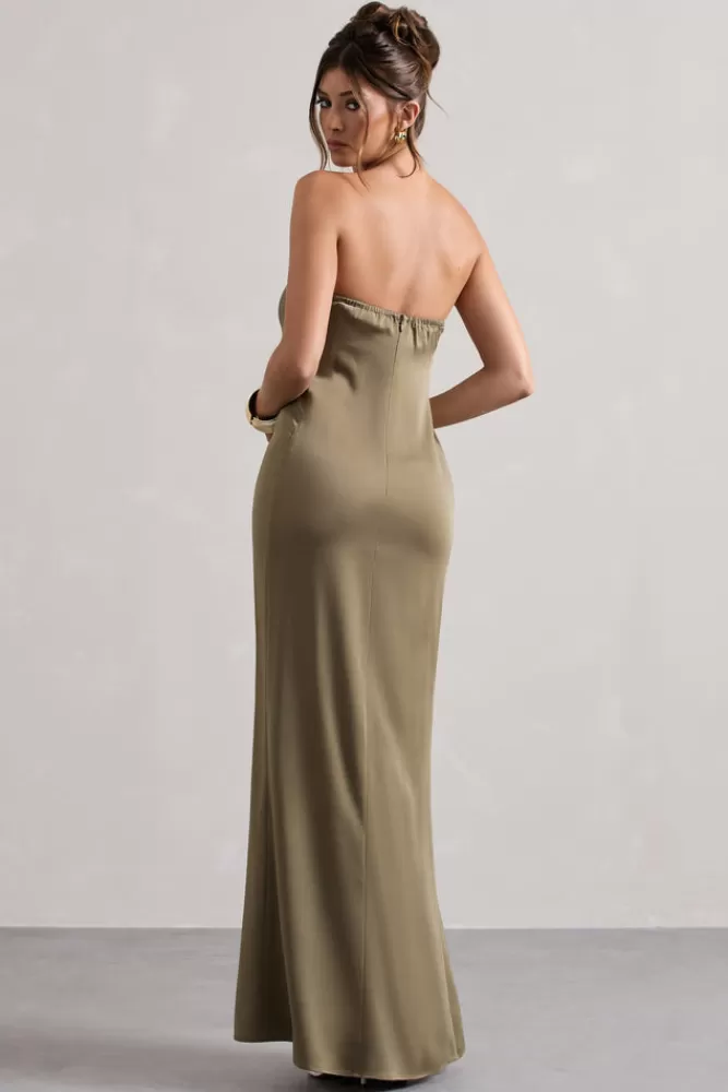 Club L London Azra | Satin Bandeau Maxi Dress OLIVE Flash Sale