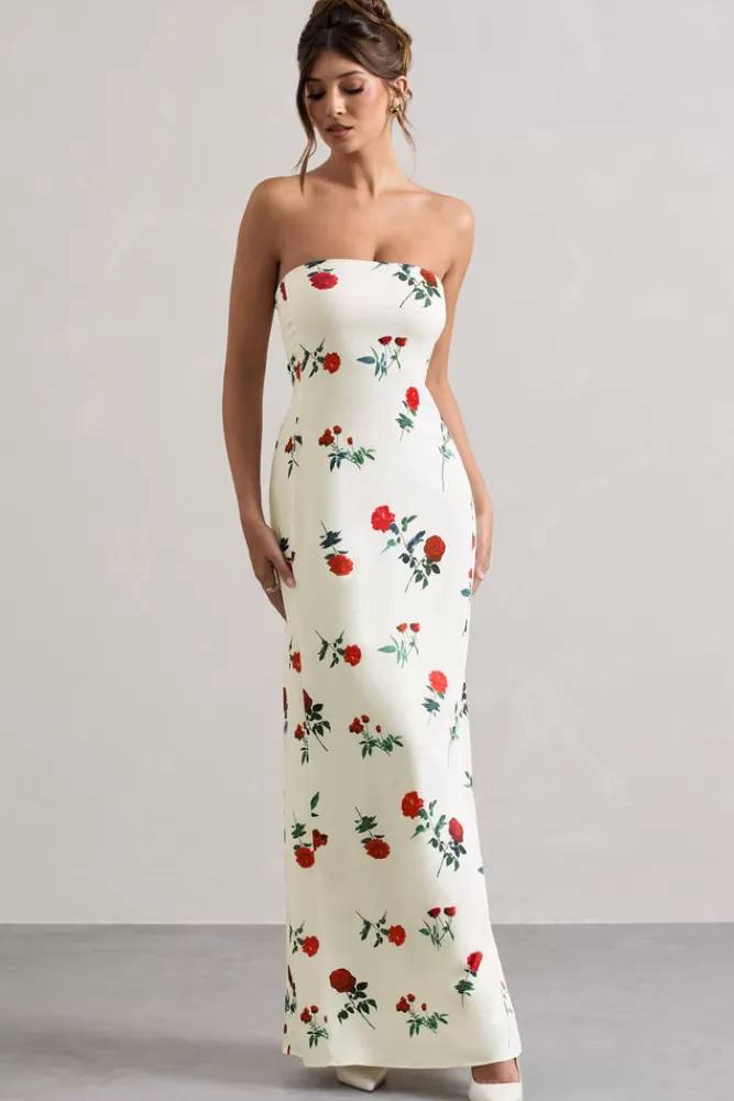 Club L London Azra | Rose Print Satin Bandeau Maxi Dress ROSEPRINT Online