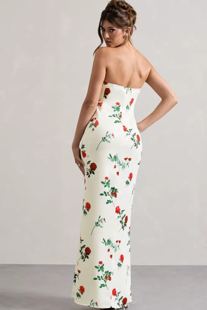 Club L London Azra | Rose Print Satin Bandeau Maxi Dress ROSEPRINT Online