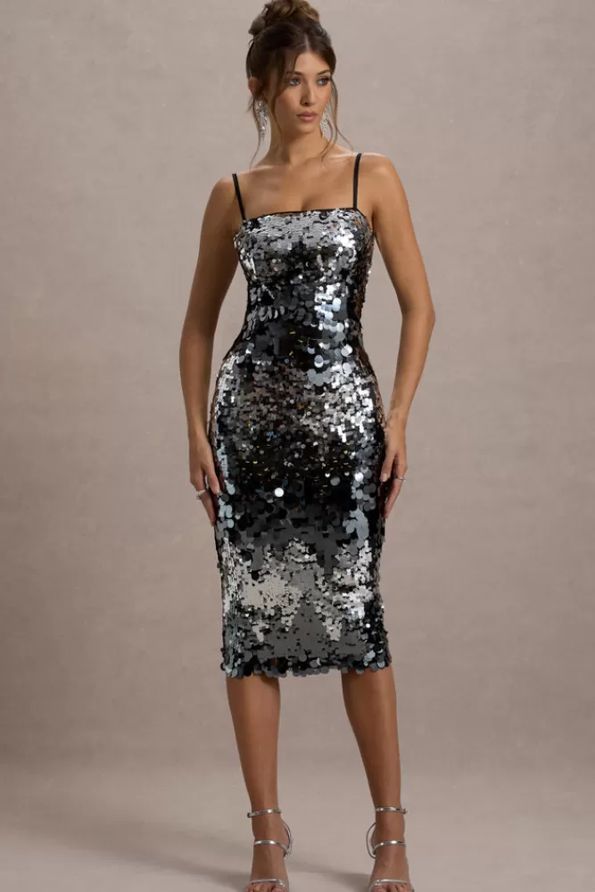 Club L London Azure | Sequin Strappy Midi Dress SILVER Flash Sale