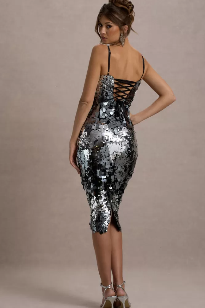 Club L London Azure | Sequin Strappy Midi Dress SILVER Flash Sale