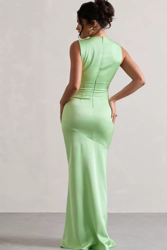 Club L London Azzara | Light Green Satin Ruched V-Neck Maxi Dress FRESHGREEN Discount