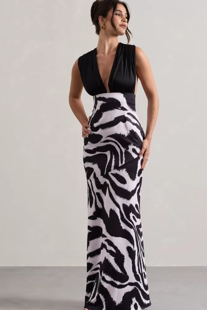 Club L London Azzara | Print Satin Ruched V-Neck Maxi Dress ZEBRA Flash Sale