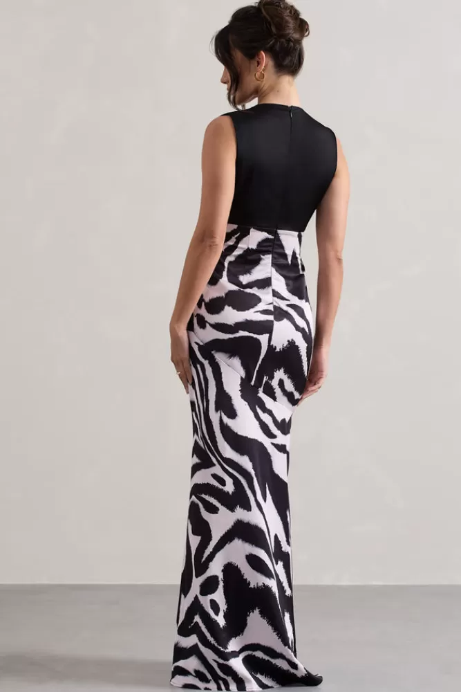 Club L London Azzara | Print Satin Ruched V-Neck Maxi Dress ZEBRA Flash Sale