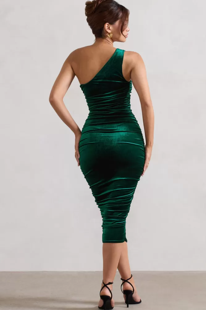 Club L London Back For More | Bottle Green Velvet One Shoulder Ruched Midi Dress BottleGreen Sale
