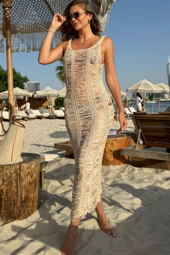 Club L London Bahama | Sand Crochet Square-Neck Maxi Dress NEUTRAL New