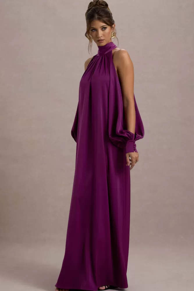 Club L London Baila | Satin High-Neck Cape-Sleeve Maxi Dress MULBERRY Store