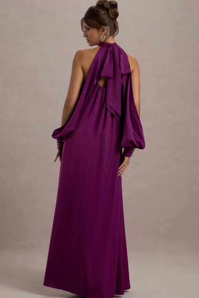 Club L London Baila | Satin High-Neck Cape-Sleeve Maxi Dress MULBERRY Store