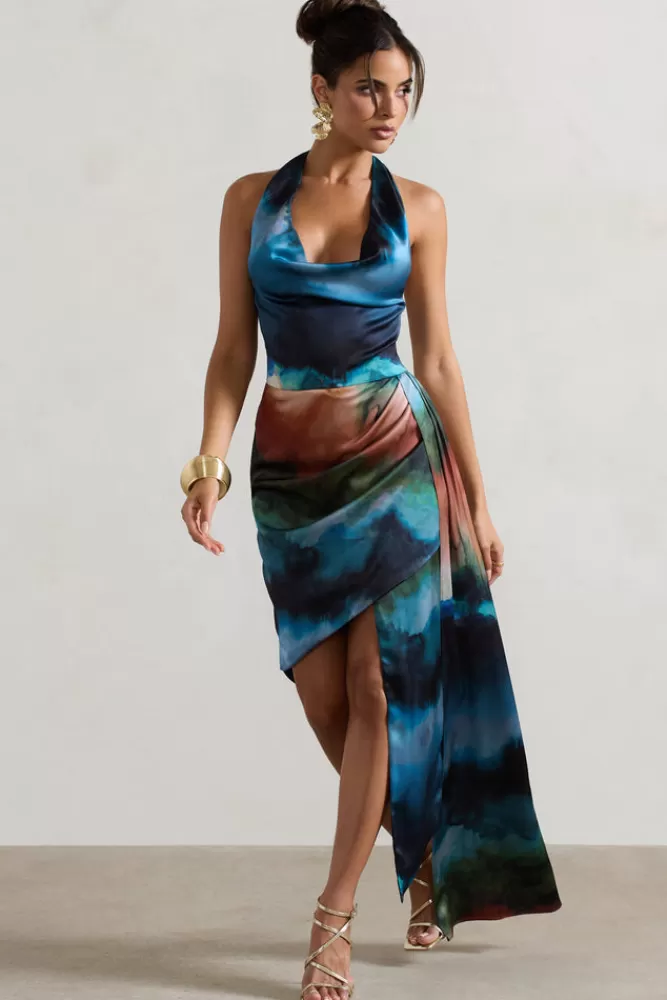 Club L London Bali | Blue Blur Print Satin Cowl-Neck Draped Mini Dress MULTIBLURPRINT Best