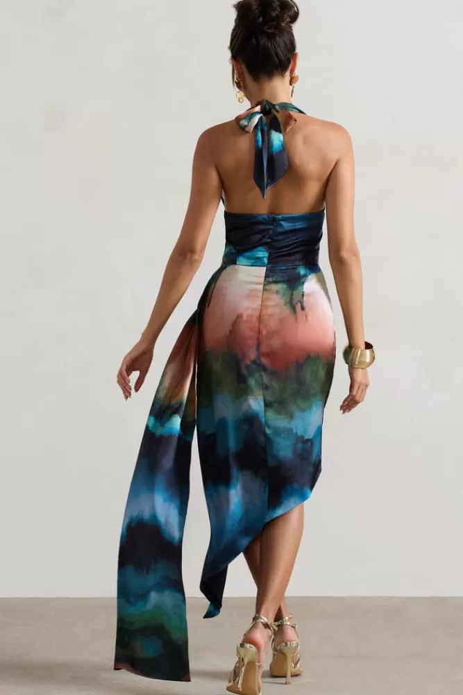 Club L London Bali | Blue Blur Print Satin Cowl-Neck Draped Mini Dress MULTIBLURPRINT Best