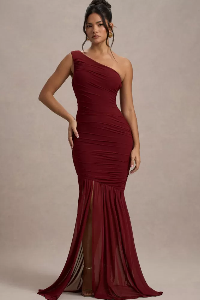 Club L London Bastia | Ruched Mesh Asymmetric Maxi Dress BURGUNDY Store