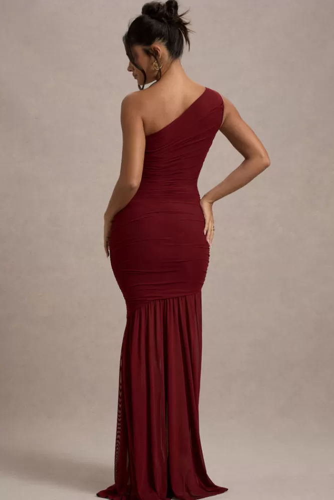 Club L London Bastia | Ruched Mesh Asymmetric Maxi Dress BURGUNDY Store