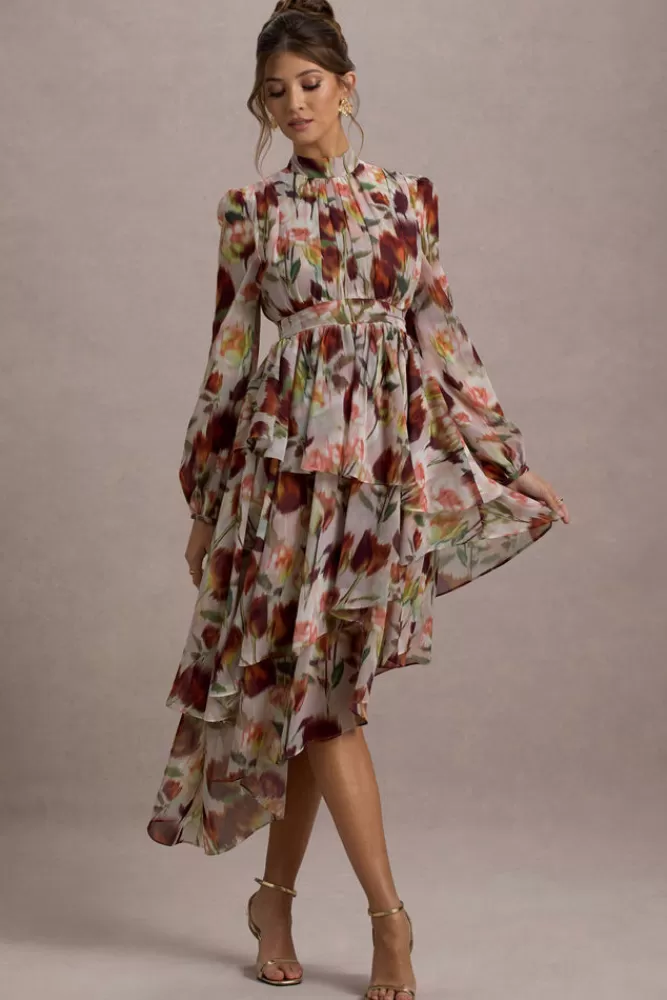 Club L London Begonia | Cream Floral Print High-Neck Tiered Chiffon Maxi Dress CREAMFLORAL Flash Sale