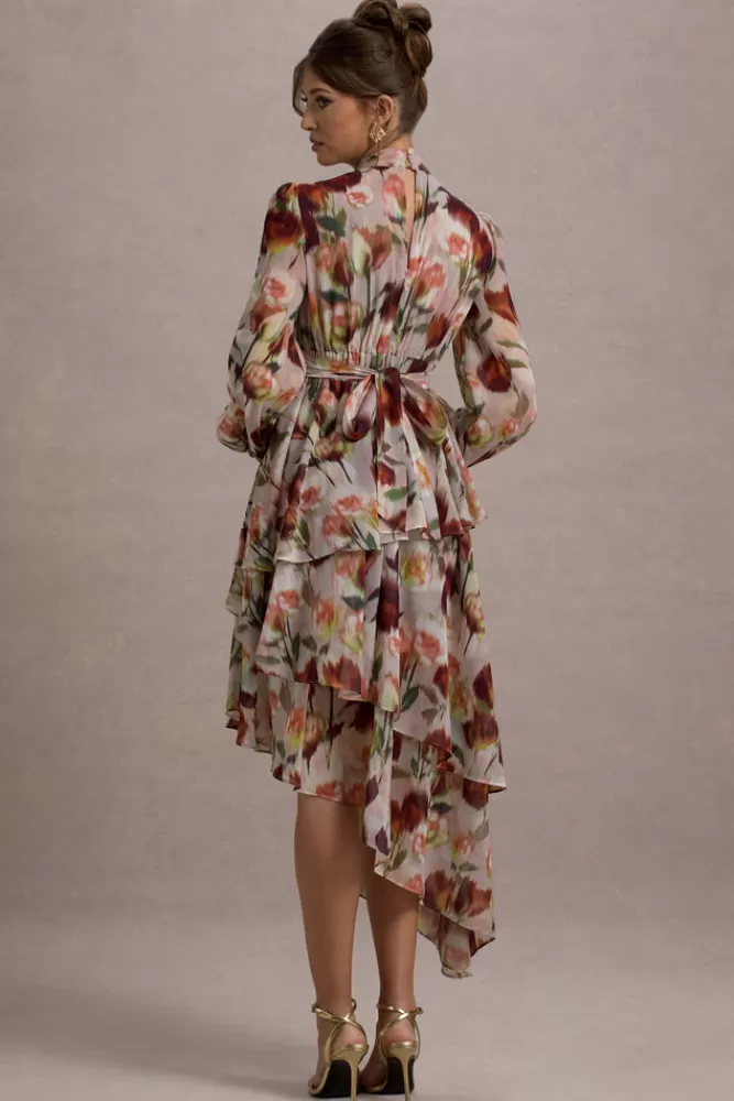 Club L London Begonia | Cream Floral Print High-Neck Tiered Chiffon Maxi Dress CREAMFLORAL Flash Sale