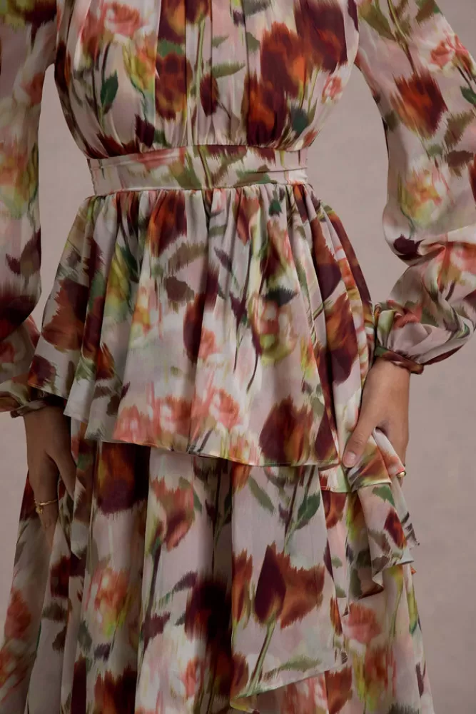 Club L London Begonia | Cream Floral Print High-Neck Tiered Chiffon Maxi Dress CREAMFLORAL Flash Sale