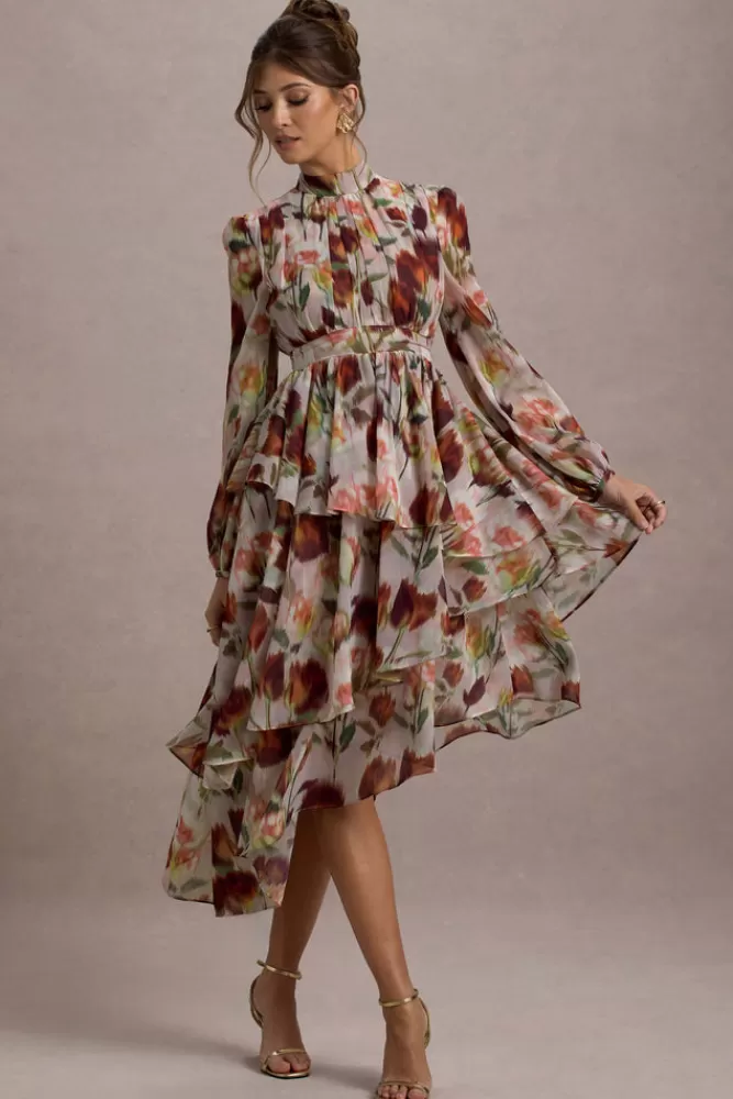 Club L London Begonia | Cream Floral Print High-Neck Tiered Chiffon Maxi Dress CREAMFLORAL Flash Sale