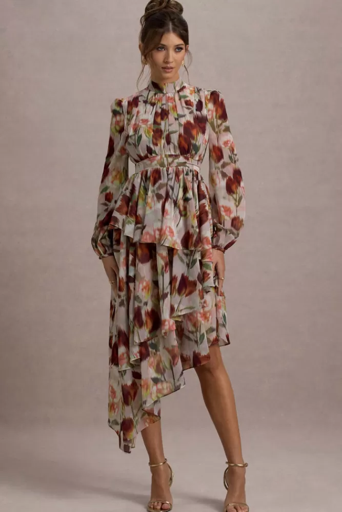 Club L London Begonia | Cream Floral Print High-Neck Tiered Chiffon Maxi Dress CREAMFLORAL Flash Sale