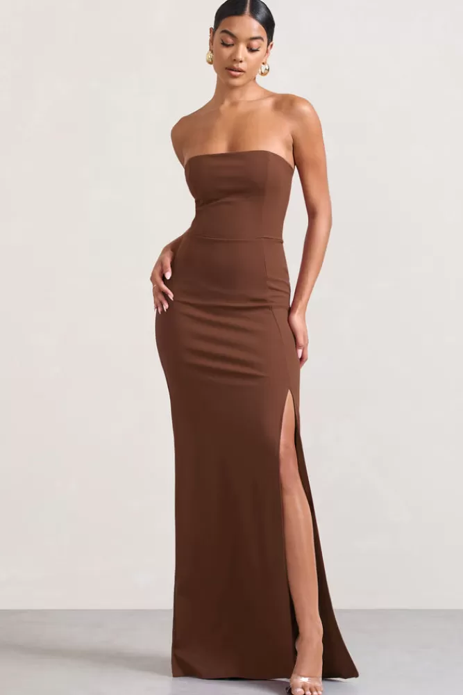 Club L London Belle of The Ball | Bandeau Maxi Dress With Split Hem BROWN Flash Sale
