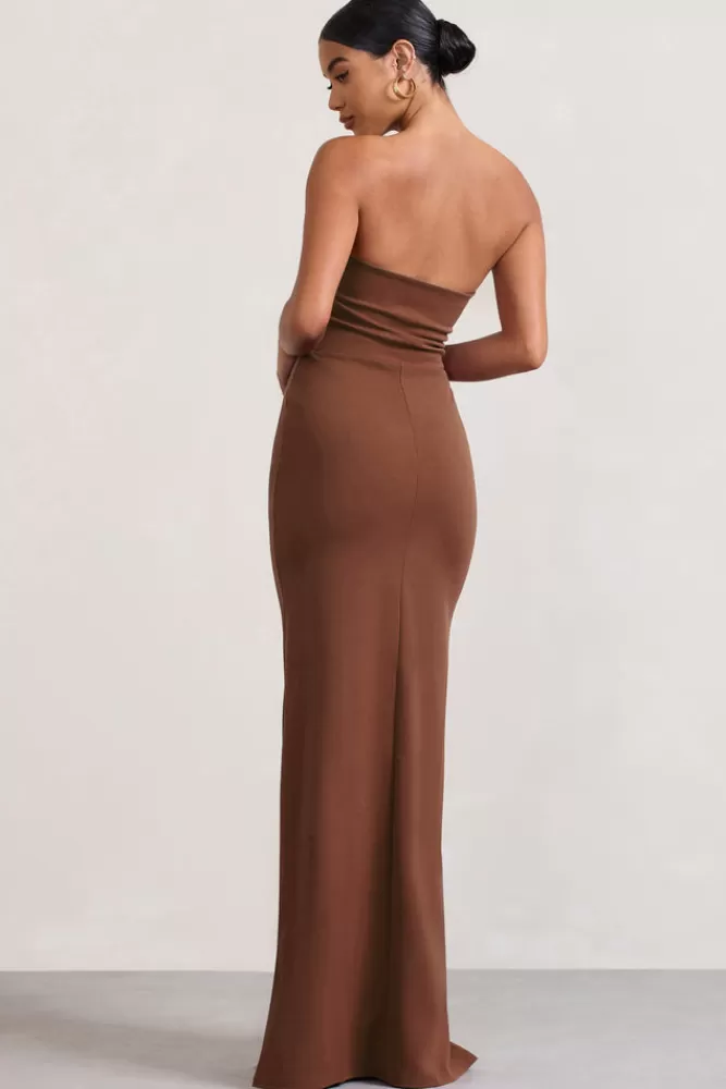 Club L London Belle of The Ball | Bandeau Maxi Dress With Split Hem BROWN Flash Sale
