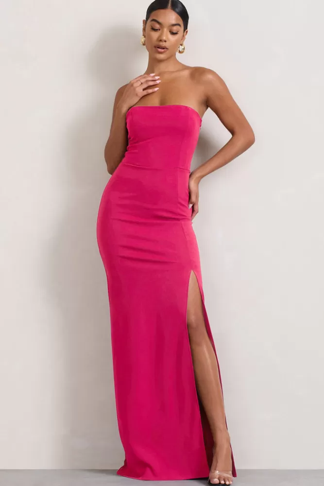 Club L London Belle of The Ball | Hot Pink Bandeau Maxi Dress With Split Hem HOTPINK Clearance