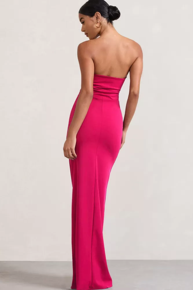 Club L London Belle of The Ball | Hot Pink Bandeau Maxi Dress With Split Hem HOTPINK Clearance